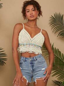 Travachic Crochet Tassel Trim Cover Up - Beige - View 7