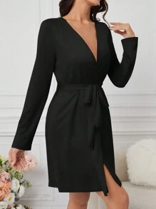 Snug Zone Solid Belted Casual Robe For Dailywear, For Fall, Winter - Black - View 5