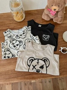 SHEIN 3pcs Young Boy Cute Cartoon Bear Pattern Round Neck Lightweight Comfortable Top, Multipack - Multicolor - View 7