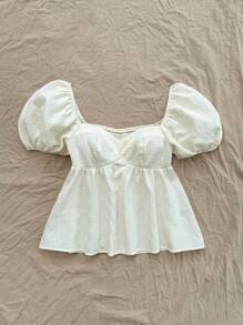 Soleia Women's Vacation Apricot Textured Shirred Puff Sleeve Ruffled Hem Backless Casual Shirt, Suitable For Afternoon Tea And Graduation - Beige - View 4