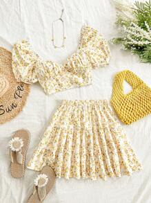 Soleia 女士度假复古黄色和白色碎花泡泡袖甜心领上衣和迷你裙两件套休闲套装，夏季 - 彩色 - 查看 3