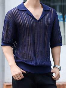 Claim Dot Áo dệt kim ngắn tay thường ngày rỗng màu trơn dành cho nam, mùa hè - Màu xanh hải quân - Xem 4