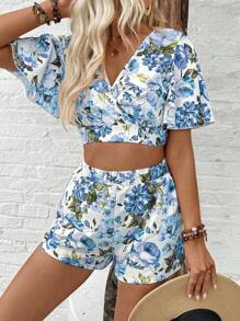 Breezaya Summer Floral Print Tie Backless Crop Top & Shorts - Blue - View 2