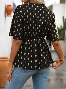 SHEIN LUNE Blusa con estampado de lunares dorados y nudo en la parte frontal - Negro - Ver 2
