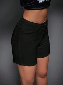 SHEIN PETITE Women's Casual Loose Fit Denim Shorts With Pockets - Black - View 4