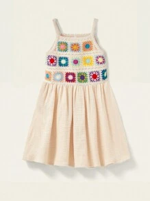 SHEIN 少女純色編織拼接彩色肩帶寬鬆休閒無袖連衣裙 - 彩色 - 查看 1