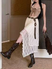 Solid Lace Asymmetrical Hem Skirt For Summer - Khaki - View 4