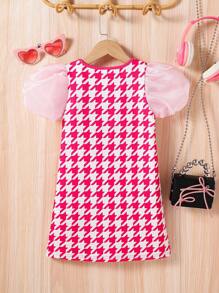 SHEIN Young Girl Knitted Plaid Cute Girl Pattern Contrast Mesh Integrated Dress - Hot Pink - View 2
