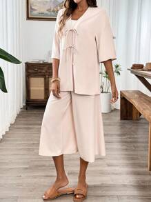 Calvaya Conjunto informal de dos piezas de estilo kimono japonés de lino para primavera/verano