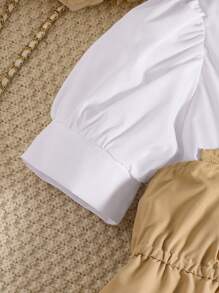 Conjunto de 2 piezas para adolescentes, camisa de cuello con solapa de manga corta y pantalones anchos de color contrastante, verano - Caqui - Ver 6