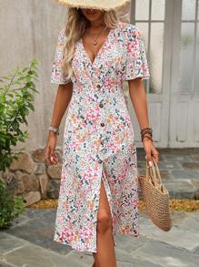 SHEIN LUNE 女士鮮花小印花連衣裙，V領設計，荷葉邊，A字型剪裁（隨機印花） - 白色 - 查看 4