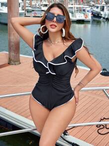 SHEIN Swim Women's Color-Block Ruffled One-Piece Swimsuit For Beach Holidays Summer - Black - View 4