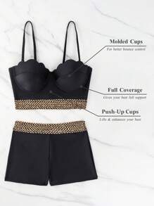 Swim Lushoire Stitch Tape Tankini Set Scallop Trim Push Up Cami Top & Shorts 2 Piece Bathing Suit,Summer Beach - Black - View 3