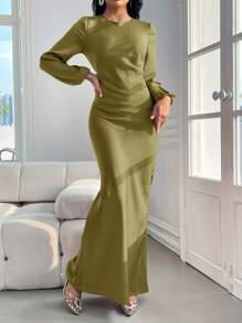 Modelyn Ladies' Solid Color Lantern Sleeve Casual Long Sleeve Dress - Olive Green - View 4