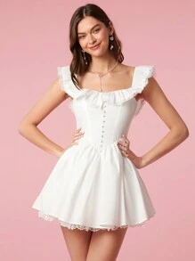 Enchnt 襯邊鈕扣前綁帶露背蕾絲連衣裙 - 白色 - 查看 3