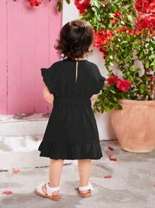 SHEIN Baby Girl Casual Summer Belted Solid Color Drop Shoulder Ruffle Asymmetrical Hem Dress - Black - View 7