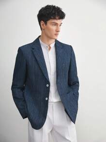 AKNOTIC Business Casual 易护理亚麻男士梭织牛仔效果修身缺口翻领长袖西装外套，适合春秋季节、办公室穿着和秋冬穿着 - 藏蓝色 - 查看 7