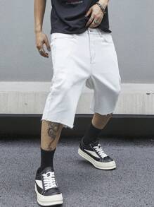 Manfinity EMRG Men's Loose Fit Casual Denim Shorts With Raw Hem And Pockets