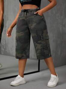 SHEIN SXY Plus Size Camouflage Printed Denim Capri Pants Without Elasticity - Multicolor - View 6