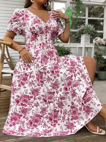 Celure Plus Size V-Neck Short Sleeve Fashion Printed Dress - Hot Pink - View 1