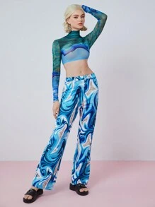 SHEINNeu Women's Tight-Fitting Stand Collar Short Crop Top With All-Over Print - Multicolor - View 4