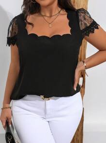 Celure Camisa de encaje de contraste de cuello cuadrado con ventilador de unicolor de tamaño grande para mujer en verano - Negro - Ver 3