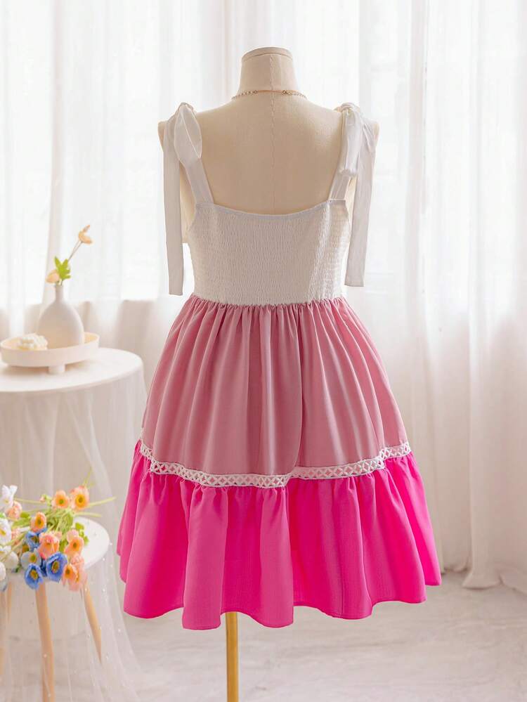 Plus-Size Women's Pleated Small Flash Shoulder Strap Pink Patchwork Back Lace Patchwork A Set Of Rural Holiday Style Dress