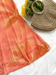 Soleia Women Vacation Orange "Back To School" Vintage Oversized Floral Net Print Long Fitted Mermaid Hem Bodycon Skirt