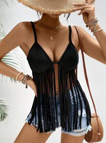 SHEIN VCAY Áo yếm da lộn màu sắc sạch sẽ ngày lễ có viền tua rua dành cho nữ - màu đen - Xem 5