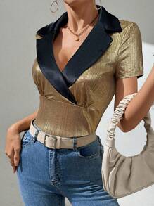 SHEIN Clasi Women's Short Sleeve T-Shirt With Gold-Stamped Flat Collar And Color-Contrasting Splicing - Gold - View 6