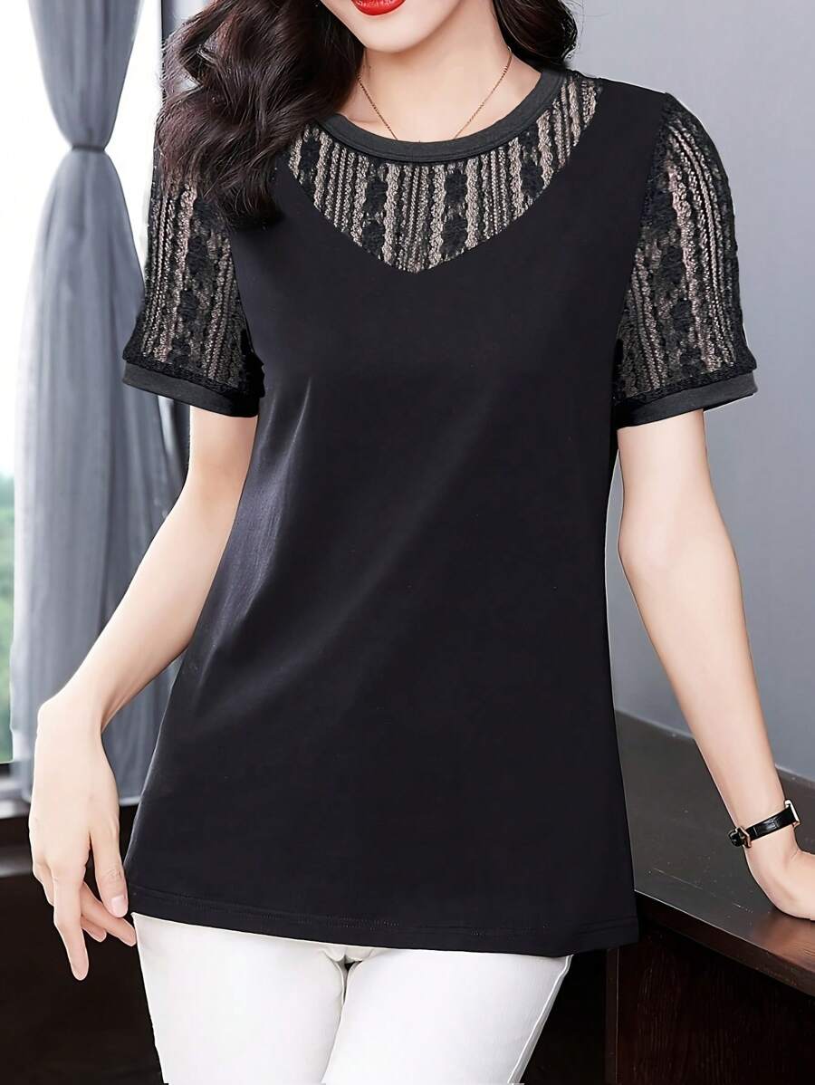 SHEIN Unity Áo thun ngắn tay cổ tròn phối ren tương phản mùa hè dành cho nữ - màu đen - Xem 1