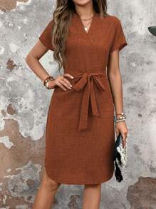 EMERY ROSE 女士A字腰帶連身裙，休閒夏季裙 - 棕色 - 查看 1