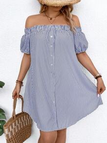 EMERY ROSE 大码假日休闲条纹露肩连衣裙，适合夏季 - 藍白色 - 查看 6