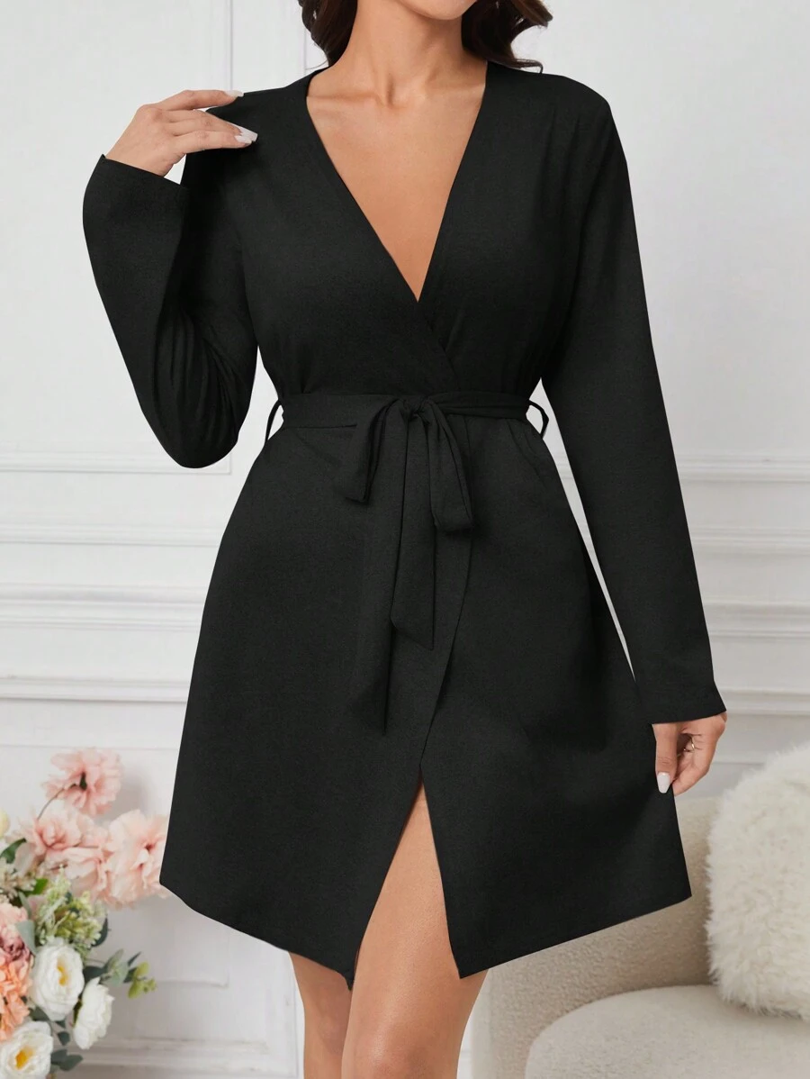Snug Zone Solid Belted Casual Robe For Dailywear, For Fall, Winter - Black - View 1