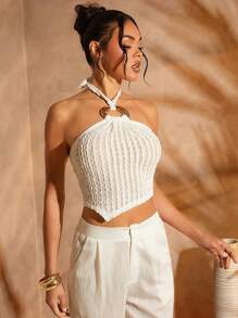 Hauture Vacation Outfits Gold Hardware Detail Asymmetrical Hem Halter Crop Fall Top