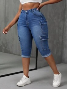 SHEIN SXY Pantalones capri de mezclilla con estiramiento de talla grande, versátiles