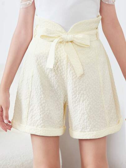SHEIN 女童休閒純色舒適簡約設計腰帶捲邊短褲