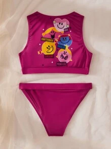 Mr Men Little Miss X SHEIN 少女卡通字母印花拉链前比基尼套装，夏季沙滩装 - 彩色 - 查看 2