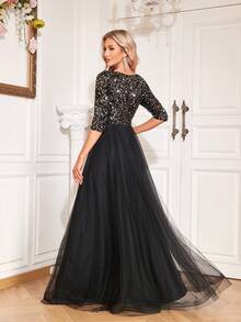 Đầm dạ hội XUIBOL dáng chữ A tay dài cổ chữ V sang trọng, phối sequin tương phản, viền lưới, thích hợp cho các buổi tiệc thanh lịch, tiệc cocktail tay dài, đầm dự tiệc cưới màu đen trang trọng, phù hợp cho lễ tốt nghiệp, tiệc gala và các dịp khác. - màu đen - Xem 4