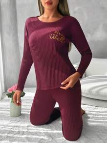 EURMUSE 100%Cotton Letter Graphic Ribbed Knit Lounge Set - Burgundy - View 1