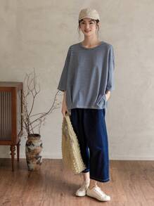 FRIFUL Áo thun ngắn tay sọc ngang cổ tròn trễ vai dành cho nữ, Xuân/Hè - Màu xanh lam - Xem 2