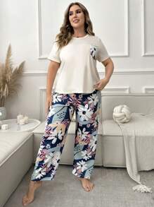 Flower Printed Short Sleeve Top And Long Pants Plus Size Pajama Set, Outfits - Multicolor - View 4