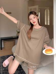 DAZY Simple Line Decor T-Shirt And Drawstring Elastic Waist Shorts, Homewear Set - Khaki - View 7