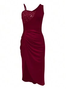 SHEIN SXY Váy mùa hè xếp ly cổ bất đối xứng màu trơn cho nữ với đường xẻ cao đến đùi, gợi cảm - Màu Đỏ Sâu - Xem 4