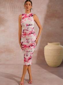 SHEIN Unity Floral Print Ruched Bodycon Dress - Hot Pink - View 1