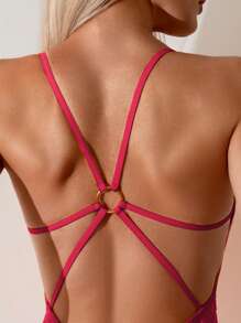 SHEIN Swim Women Solid Ring Linked One Piece Swimsuit Summer - Hot Pink - View 3