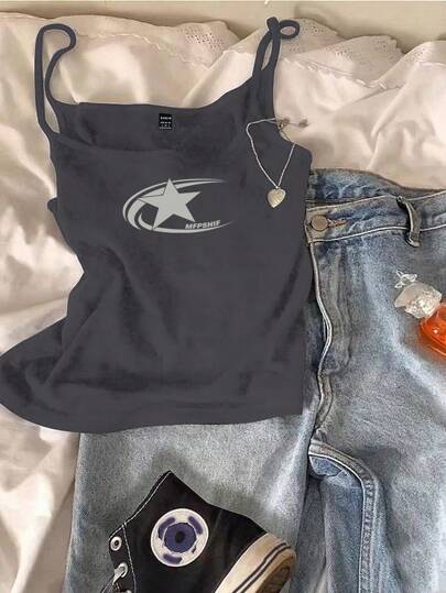 Attitoon Casual & Simple Star Pattern Tight-Fitting Camisole Top For Women, Suitable For Summer Back To School