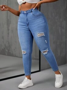 Plus High Waist Ripped Skinny Jeans - Medium Wash - View 5