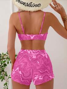 Swim Lushoire 女士夏季沙灘大理石印花性感比基尼套裝配短褲，隨機印花 - 粉色 - 查看 2