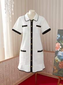 Đầm khoét rỗng tay ngắn khuy kim loại dành cho nữ của Madeline - Đen và trắng - Xem 3